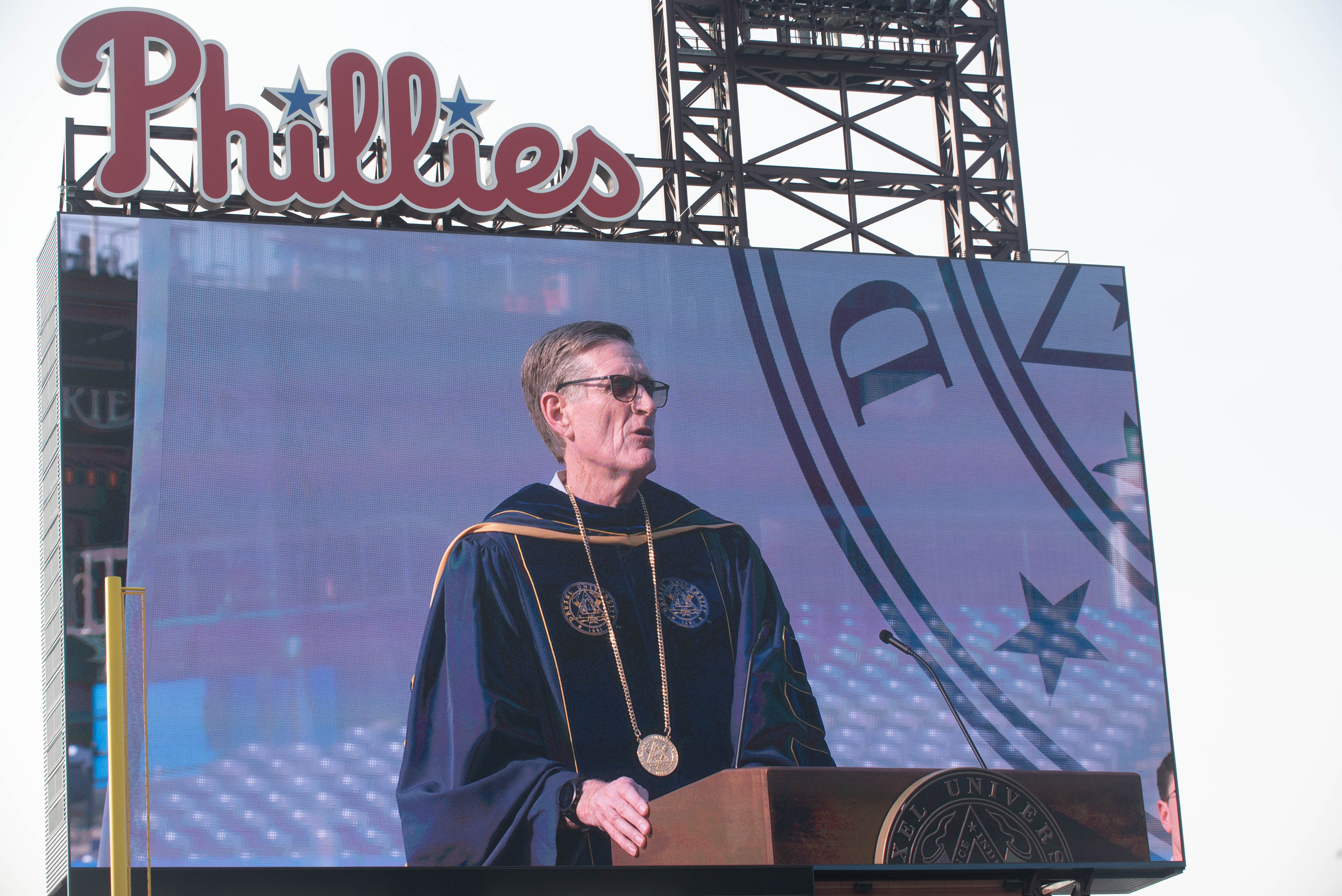 Denis O'Brien shown on the Phillies screen.