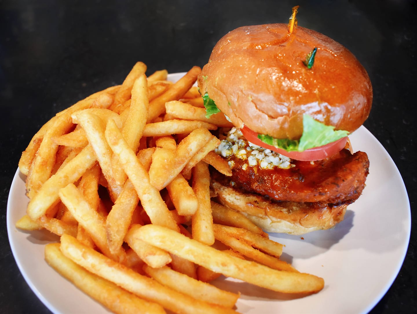 Sandwich and fries from the Board and Brew