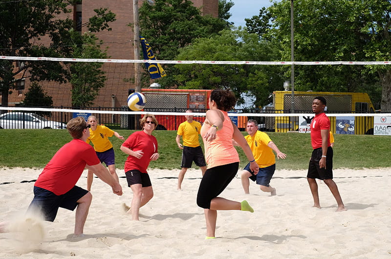 The team yellow shirts are “Charlie’s Angels,” a collection of players from Student Engagement and LeBow and captained by Benjamin Oser.  The red shirts team is from Institutional Advancement and their captain was Michelle Yurko.