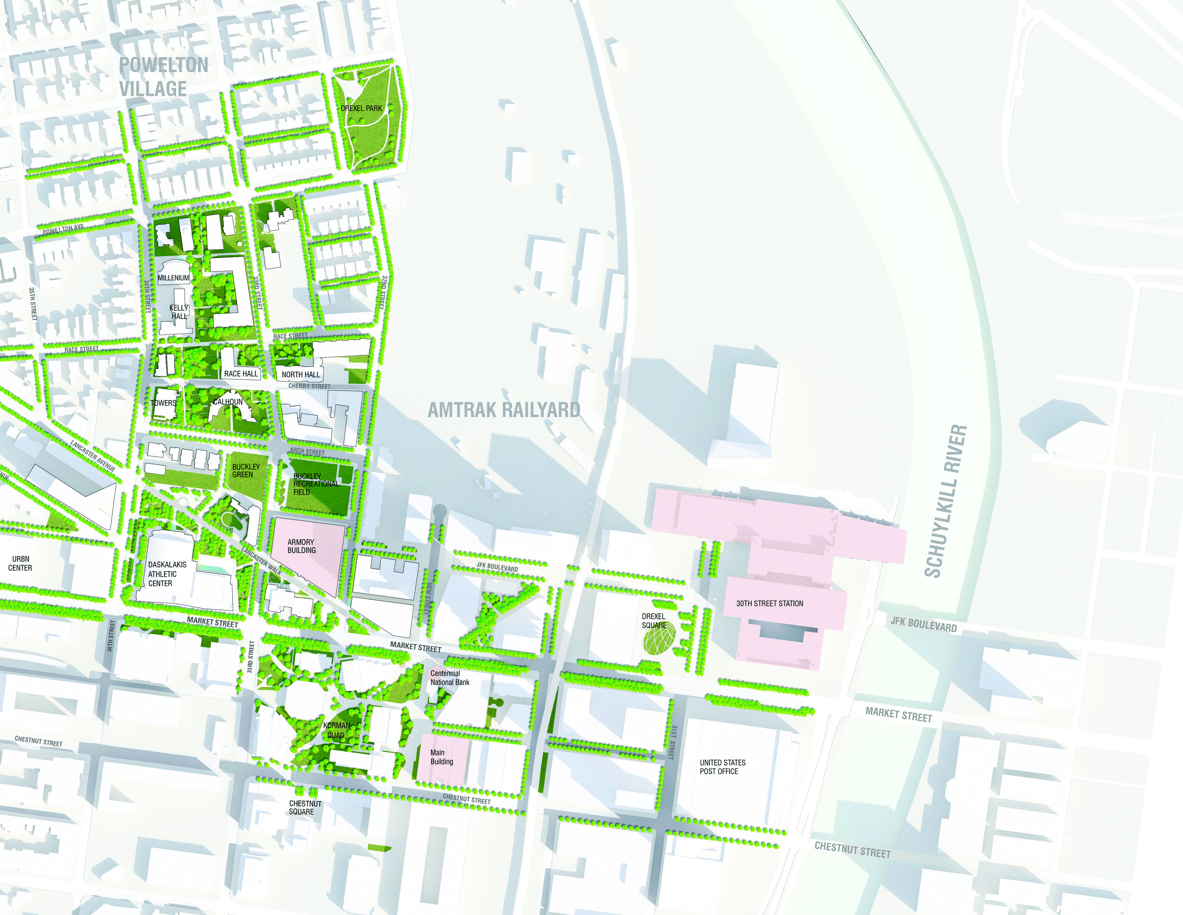 Plans for Drexel's University City Campus call for a dramatic increase in green spaces and landscape architecture to beautify the campus.