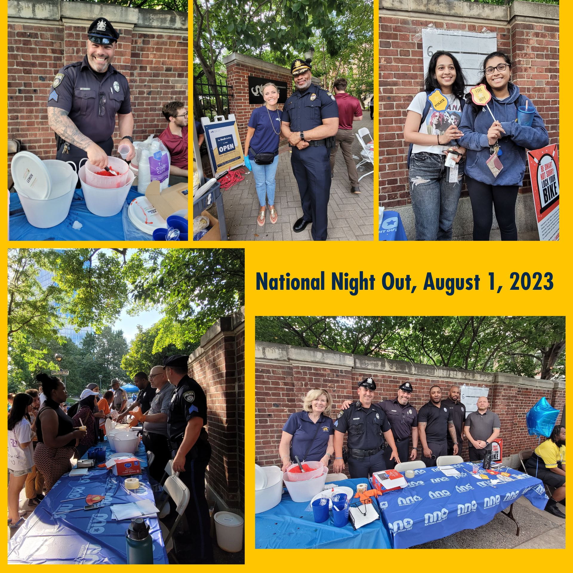 A collage of photos depicting Public Safety at this year’s National Night Out event. Left to right: A police officer scooping out water ice; a woman and a police officer; two young women holding police officer badges. on a stick; a row of police officers and poeople behind a table; police officers scooping water ice for people.