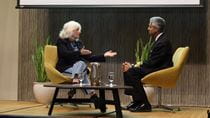 Cynthia Germanotta and Vivek Murthy on stage