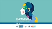 illustration of person wearing face mask, text reads National Autism Indicators Report: Health and the COVID-19 Pandemic, July 2023