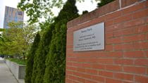 View of the newly installed plaque for Penny Park on Warren and Filbert streets. 