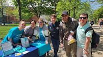 Victim Services Coordinator Amy Spiller posing with students and staff at Teal Tuesday, an event held for Sexual Assault Awareness Month on Drexel’s campus
