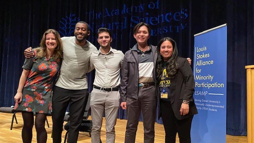 Left to right: Jocelyn Sessa, PhD; Daouda Njie (Fulbright 2023); Julian Marmo (Goldwater 2023); Sky Harper (Truman 2023); and Marisol Rodriguez Mergenthal at the BIPoC-STEM Majors Night at the Academy of Natural Sciences at an event in May, which was hosted by LSAMP and the Academy.