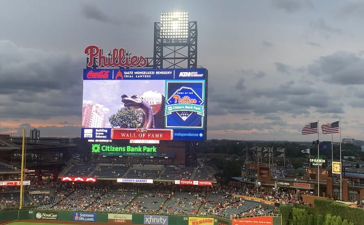Drexel's Mario the Magnificent statue is shown on the video board at Citizens Bank Park.