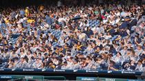 Students in Commencement regalia, some with ponchos and umbrellas, in the stands of Citizens Bank Park for Drexel&#39;s 2024 Commencement.
