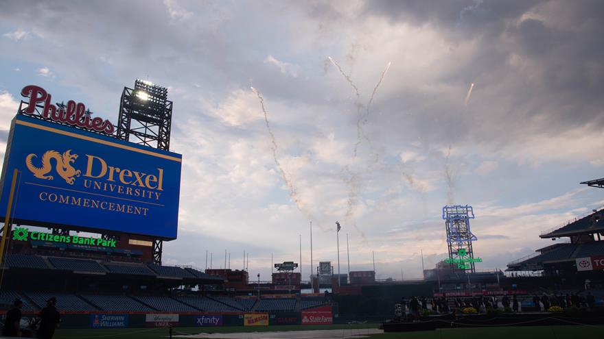Fireworks at Citizens Bank Park for Drexel&#39;s 2024 Commencement.