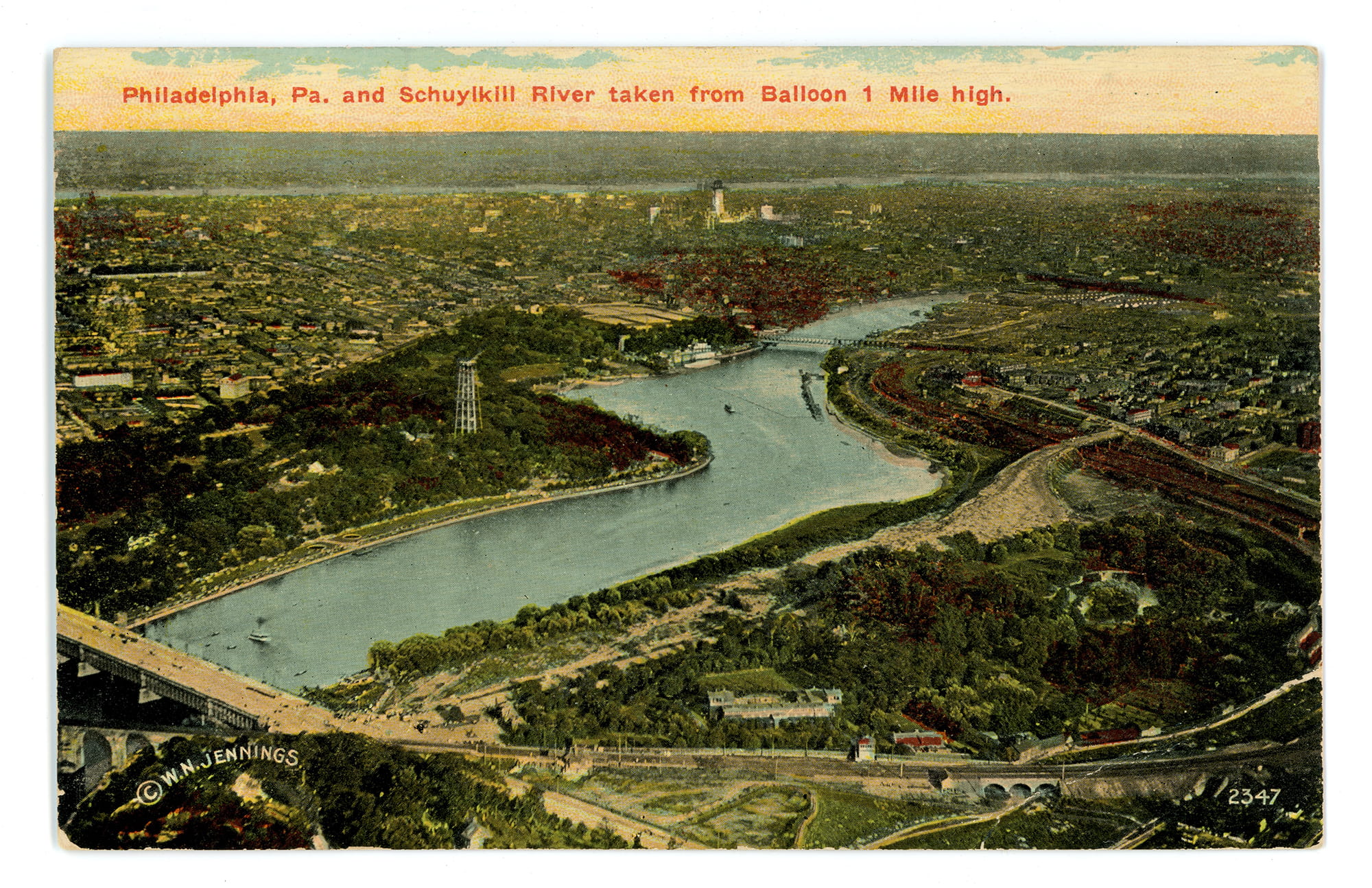 1893 photograph of Philadelphia and the Schuylkill River, including the Route 1 bridge in the lower left, was taken from a balloon one mile high.