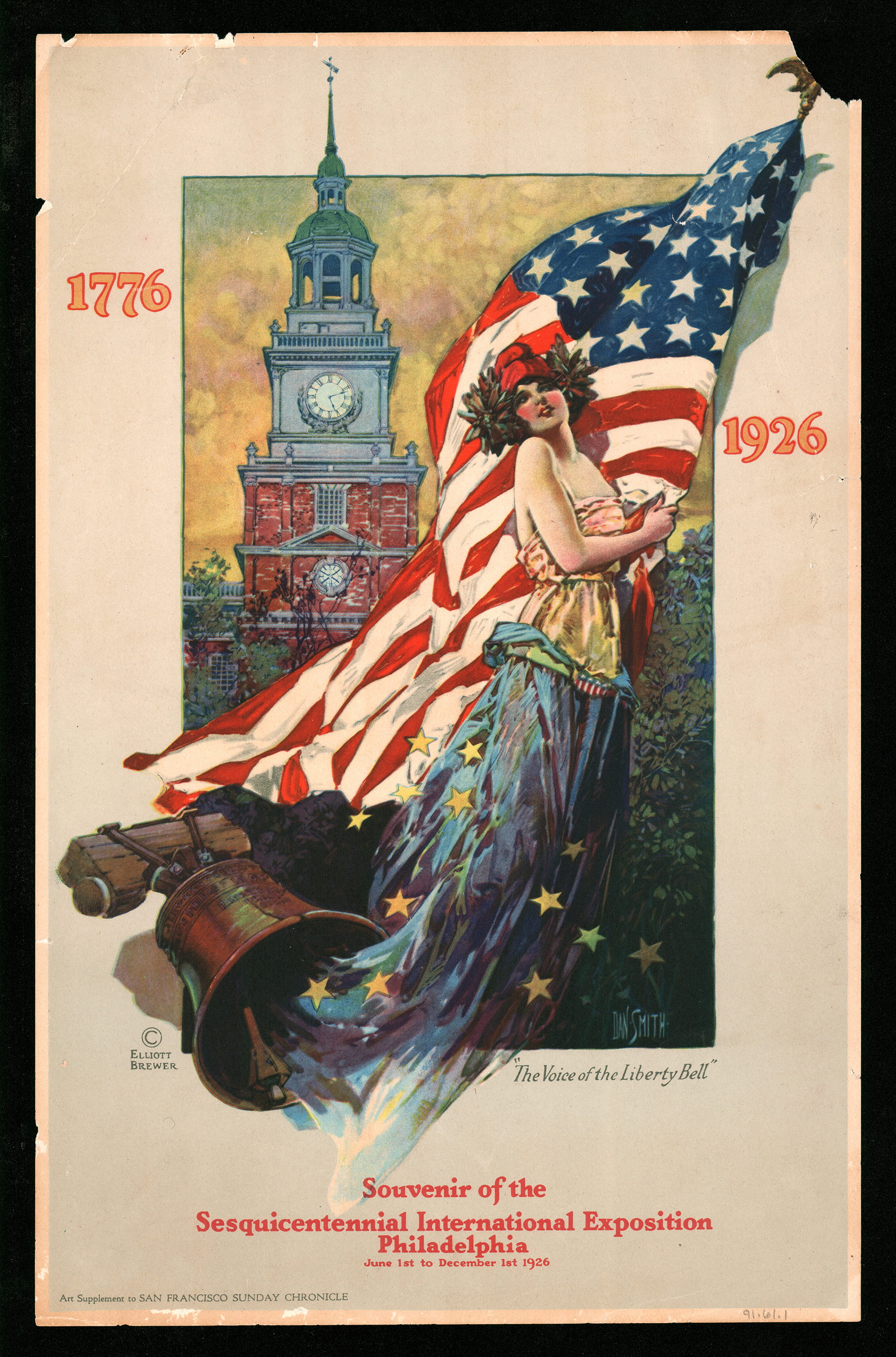 This color print was a souvenir of the special event and depicts a patriotically dressed Lady Liberty holding onto an American Flag in front of the Liberty Bell and bell and clock tower of Independence Hall.