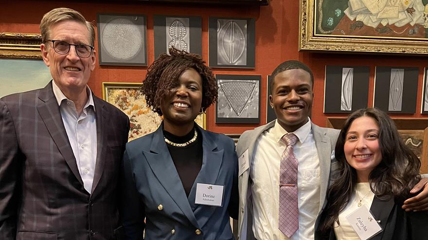 Photographed at the Celebration of Scholarship event, from left to right: Drexel University Interim President Denis O’Brien; Dorine Adechokan, finance ’25; Ahmad Curtis, second-year finance student; and Zuleyha Kumas, finance and business law ’25. Photo credit: Kelsey McKee.