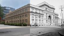 A photo compostie of Drexel&#39;s Main Building using an archival black-and-white photo and a modern-day color photo.