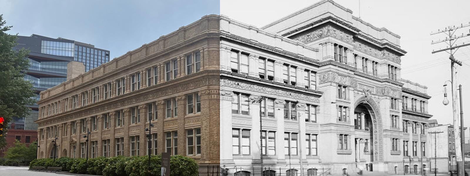 A photo compostie of Drexel&#39;s Main Building using an archival black-and-white photo and a modern-day color photo.