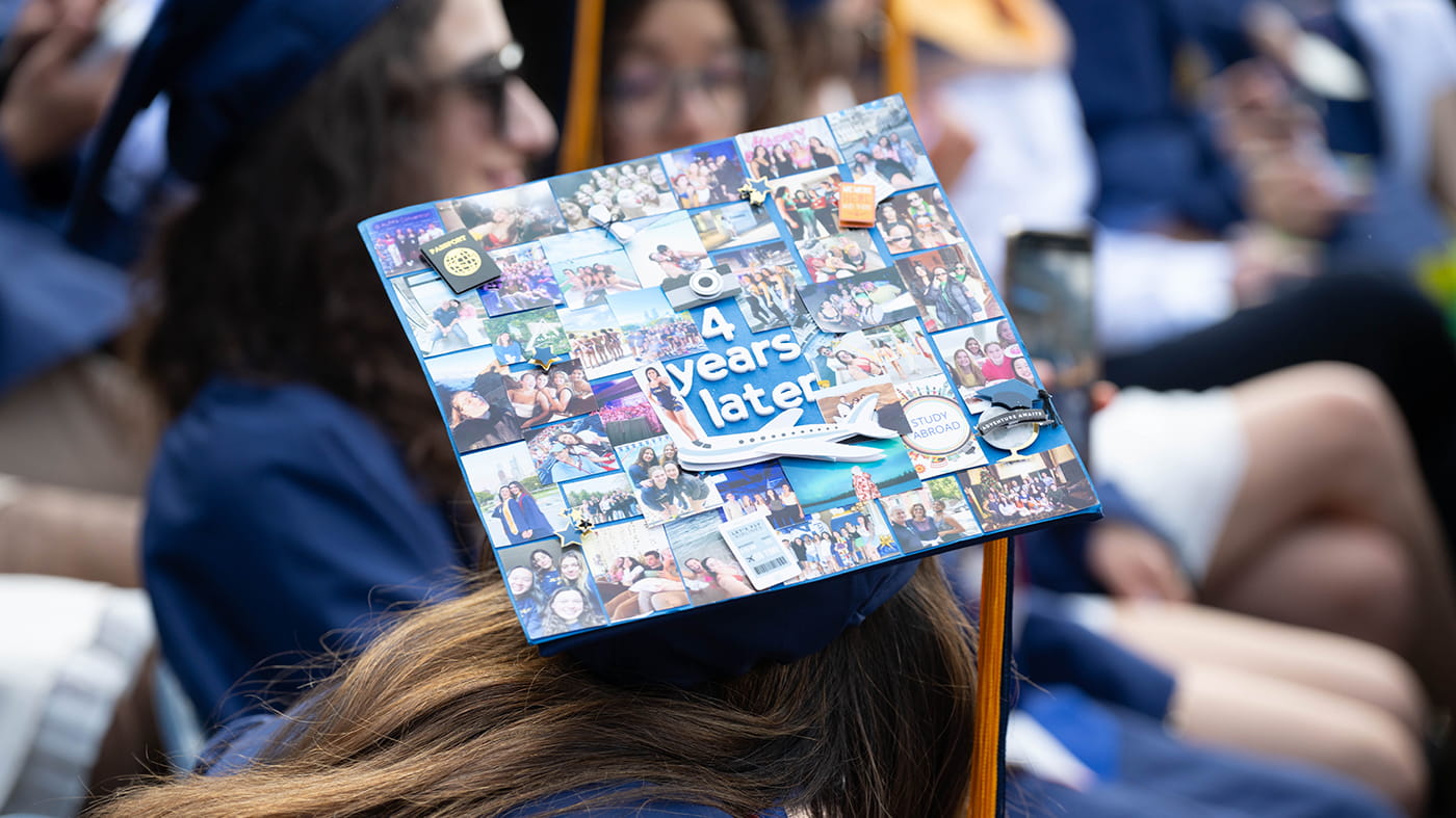 A decorated graduation cap covered in pictures