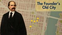 A cut-out painting of Anthony J. Drexel in front of a map labeled &quot;The Founder&#39;s Old City.&quot;