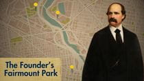Anthony J. Drexel and &quot;The Founder&#39;s Fairmount Park&quot; in front of a map of Fairmount Park.