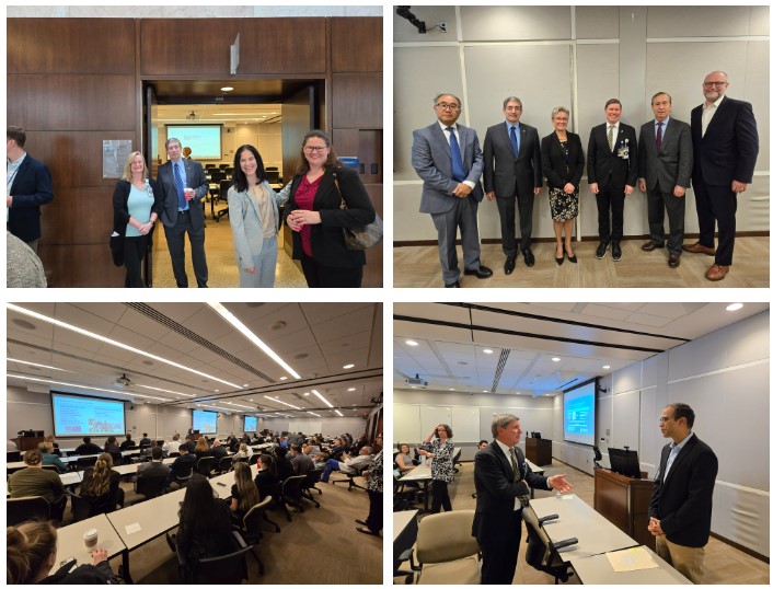 A collection of photos from Tower Research Day. Participants are speaking with one another, taking pictures with one another, and sitting in on an informational session.