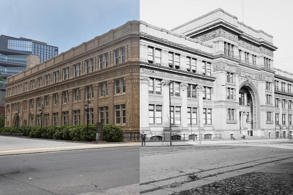 A photo compostie of Drexel's Main Building using an archival black-and-white photo and a modern-day color photo.