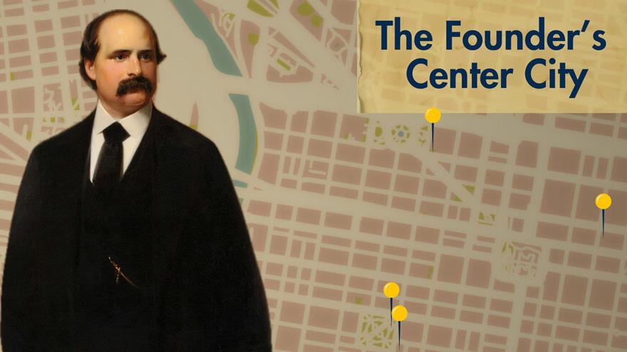 A cut-out painting of Anthony J. Drexel in front of a map labeled &quot;The Founder&#39;s Center City.&quot;