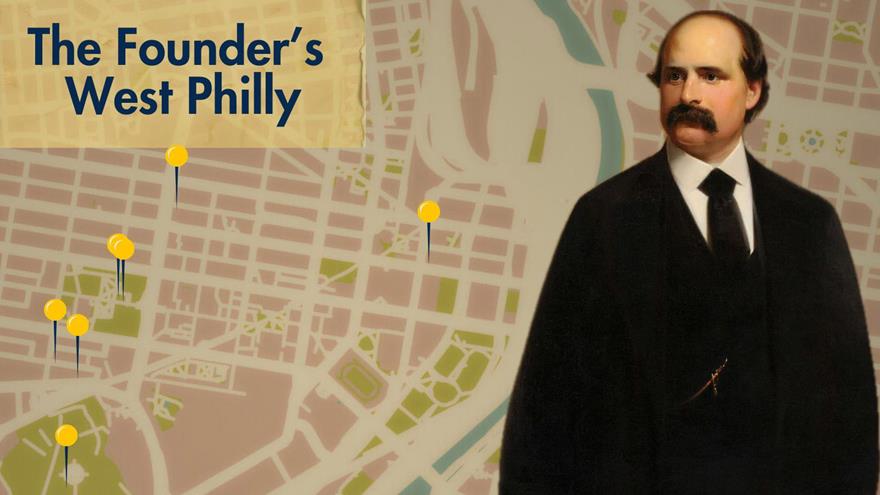A cut-out painting of Anthony J. Drexel in front of a map labeled &quot;The Founder&#39;s West Philly.&quot;